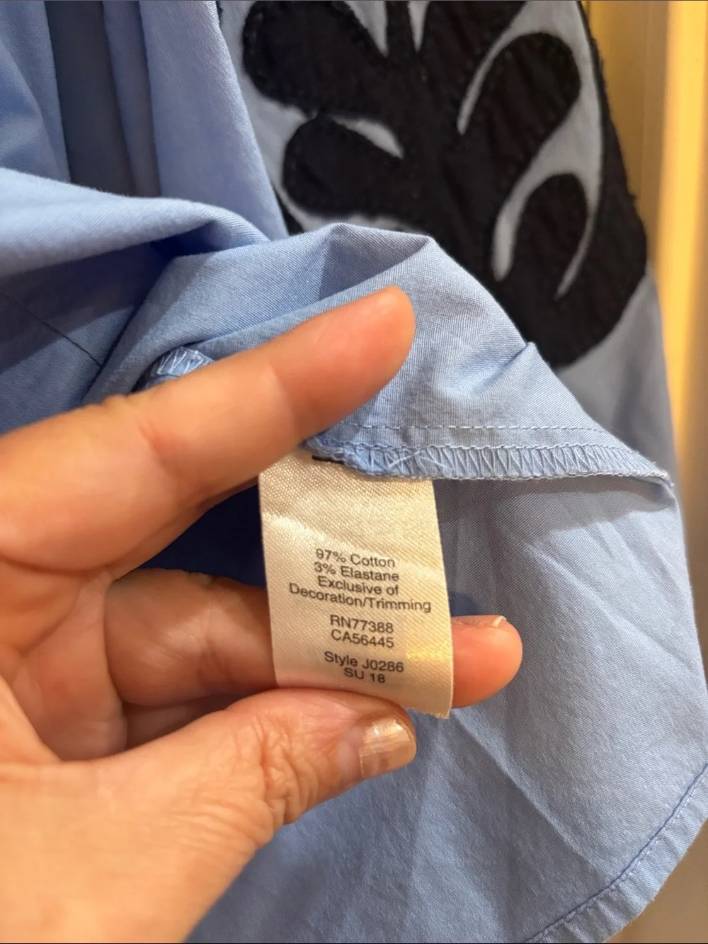 J. Crew Light Blue Peasant Blouse with Navy Embroidery Small